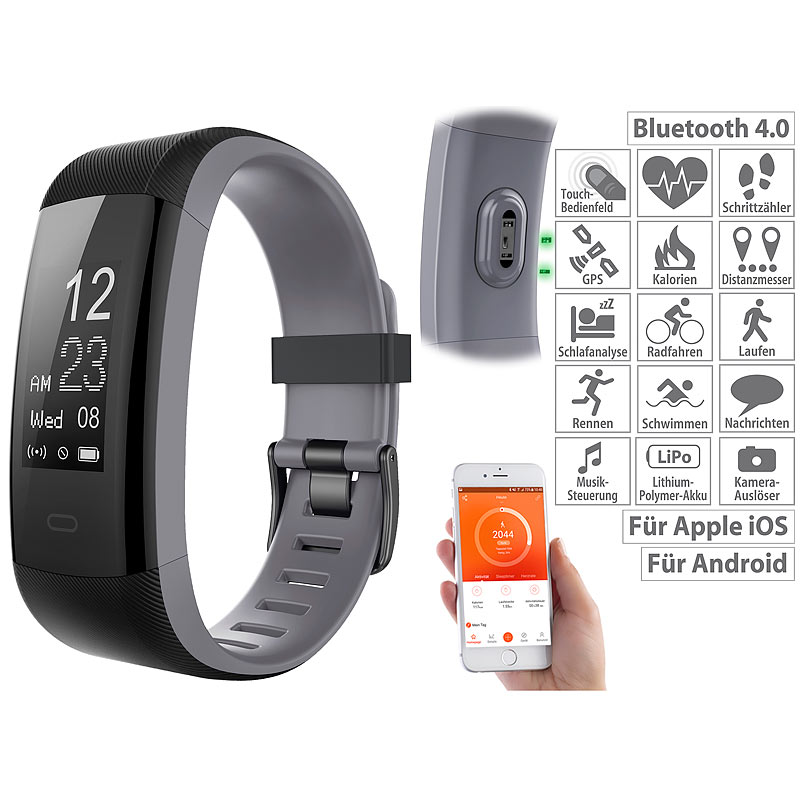 Premium-GPS-Fitness-Armband, XL-Touchdisplay, Puls, 14 Sportarten