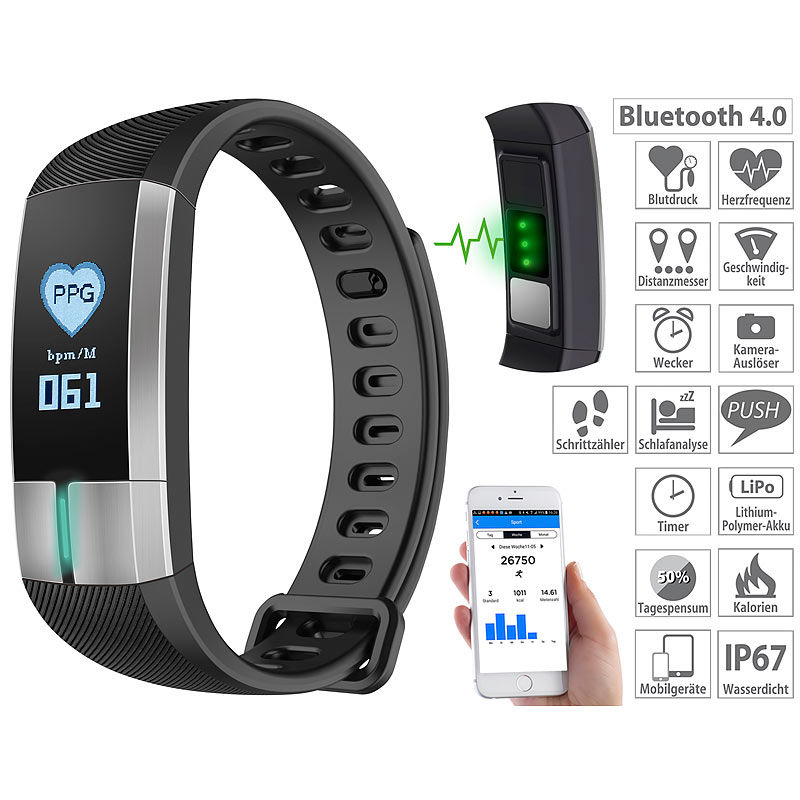 Fitness-Armband mit Blutdruck-, Herzfrequenz- und EKG-Anzeige, IP67