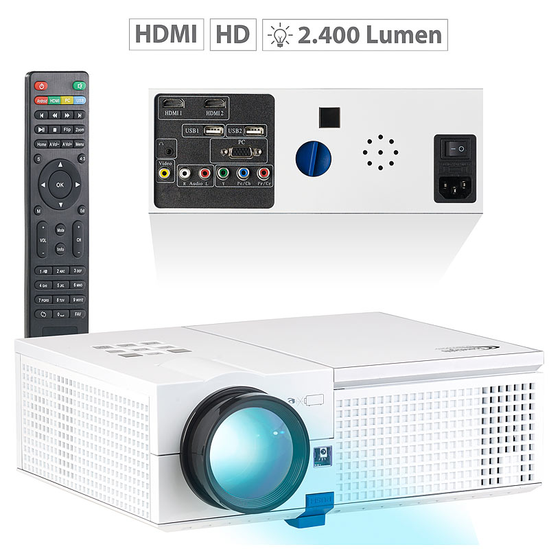 LED-LCD-Beamer mit Media-Player, 1280 x 800 Pixel (HD) und 2.400 Lumen
