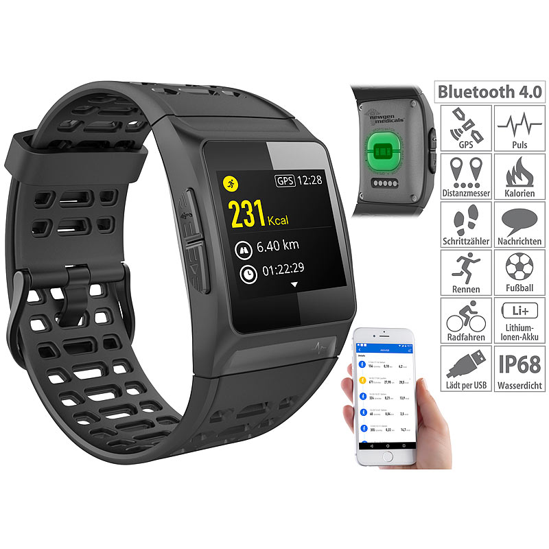 GPS-Sportuhr, Bluetooth, Fitness, Puls, Nachrichten, Farbdisplay, IP68