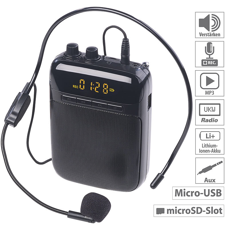 Digitaler Sprachverstärker, Aufnahme, Display, FM, USB, microSD, Akku