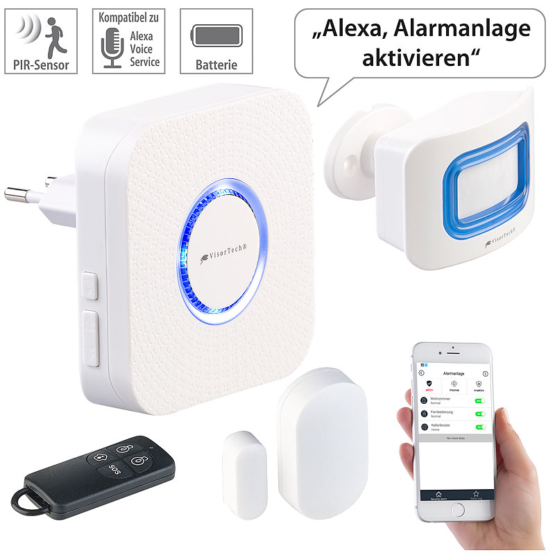 4-teilige WLAN-Alarmanlage, Alexa-kompatibel, für bis 50 Sensoren, App