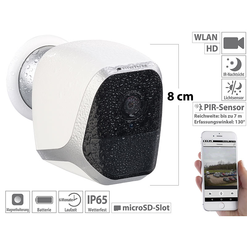 IP-HD-Überwachungskamera mit App, IP65, bis 6 Monate Batteriebetrieb