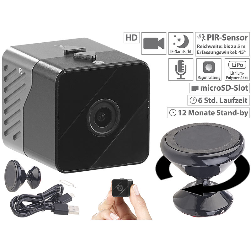 Mobile Mini-HD-Überwachungskamera mit Bewegungssensor, 1 Jahr Stand-by