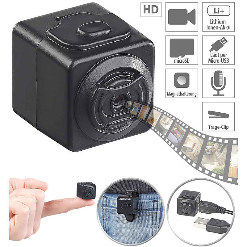 Ultrakompakte HD-Videokamera mit Bewegungs-Erkennung, Magnet-Halterung