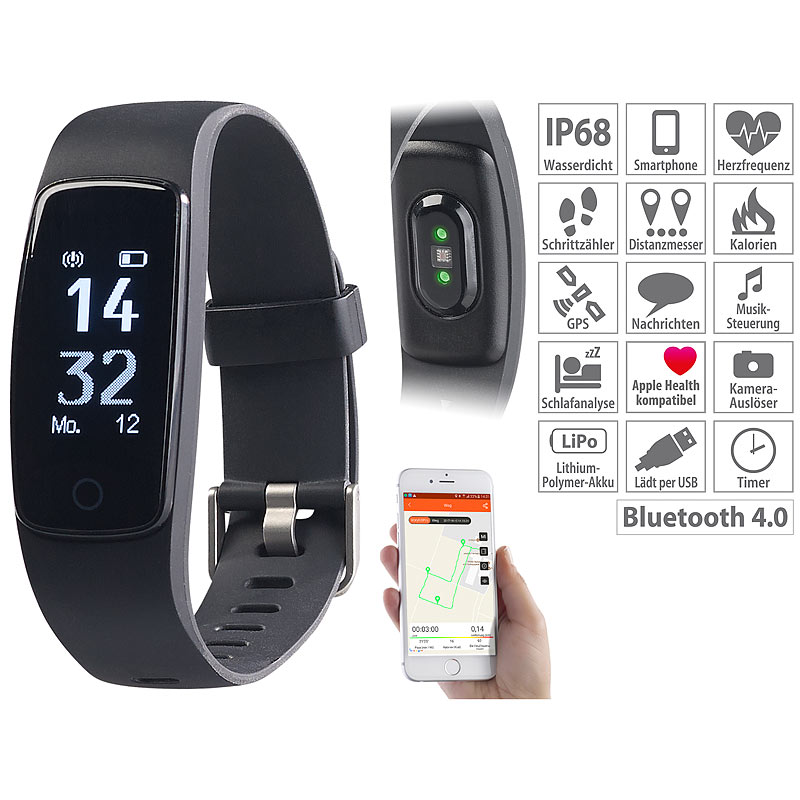 GPS-Fitness-Armband mit XL-Touch-Display, 14 Sportarten, IP68