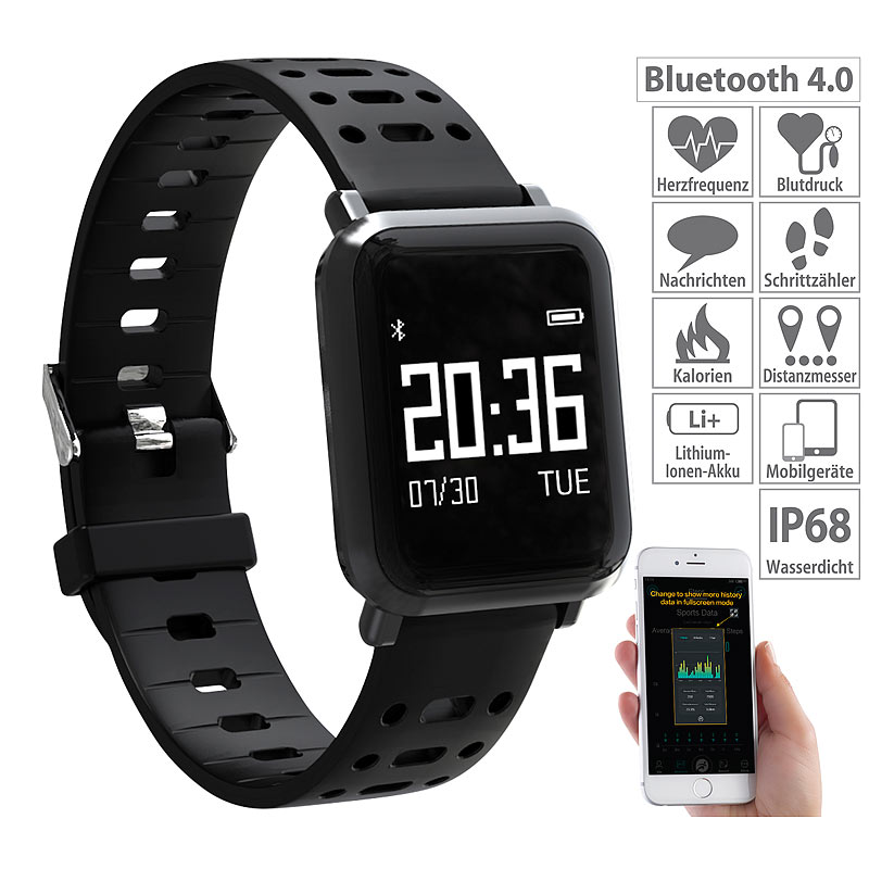 Fitness-Uhr mit Blutdruck- & Herzfrequenz-Anzeige, Bluetooth 4.0, IP68