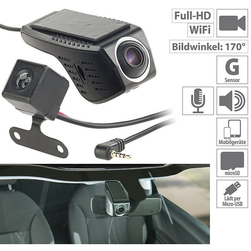 Unauffällige Full-HD-Dashcam, VGA-Rückfahrkamera, WLAN, G-Sensor, App