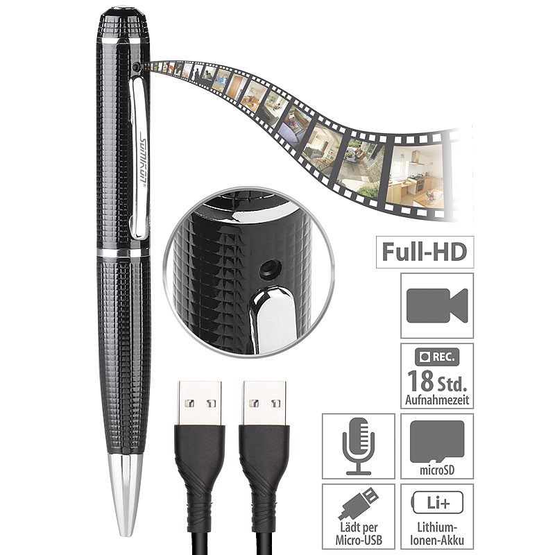 Kugelschreiber-Videokamera mit blauer Mine und Foto-Funktion, Full HD