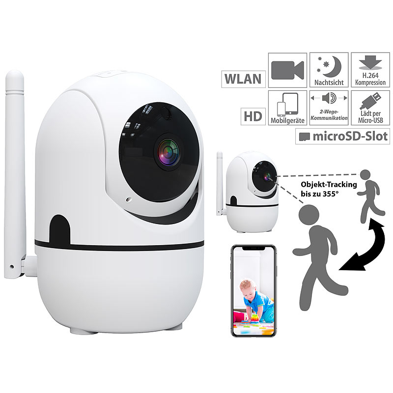 WLAN-IP-Überwachungskamera mit Objekt-Tracking & App, HD, 360°
