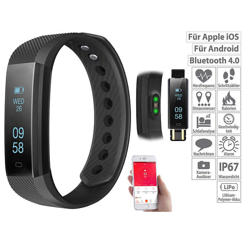 Fitness-Armband m. Bluetooth, Benachrichtigung, Pulsmesser, OLED, IP67