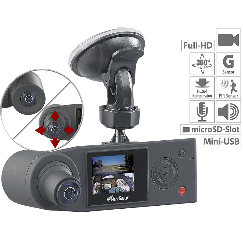 Full-HD-Dashcam mit 2 Kameras für 360°-Panorama-Sicht, G-Sensor