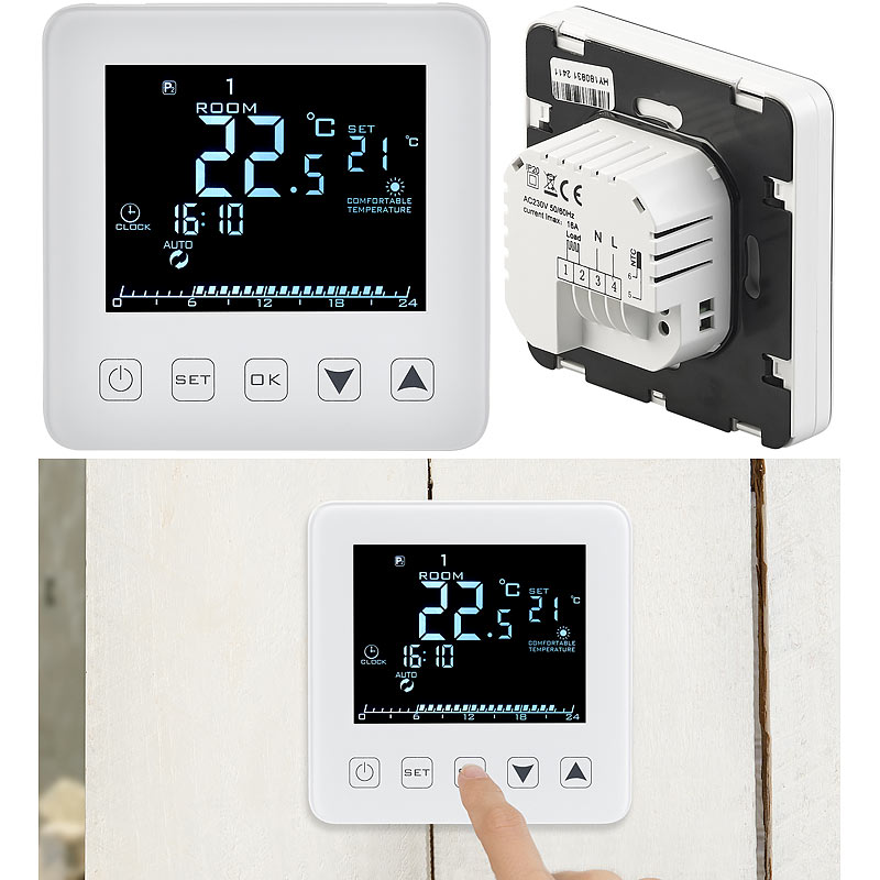 Wand-Thermostat für Fußbodenheizung, LCD, Touch-Tasten, programmierbar