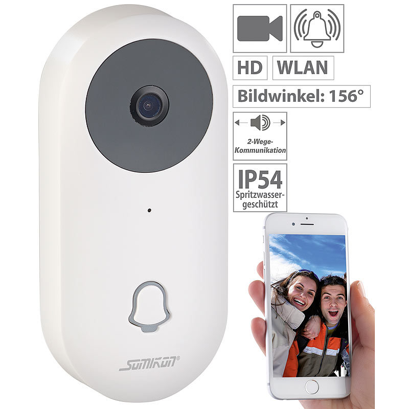WLAN-HD-Video-Türklingel mit App, Gegensprechen, 156°-Bildwinkel, Akku