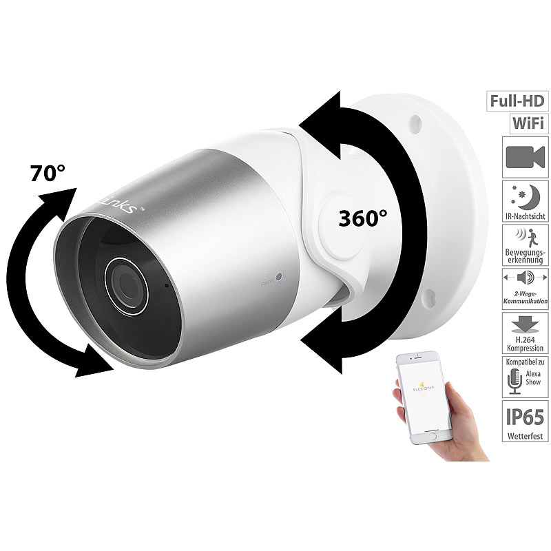 Outdoor-IP-Überwachungskamera, Full HD, WLAN, kompatibel zu Echo Show