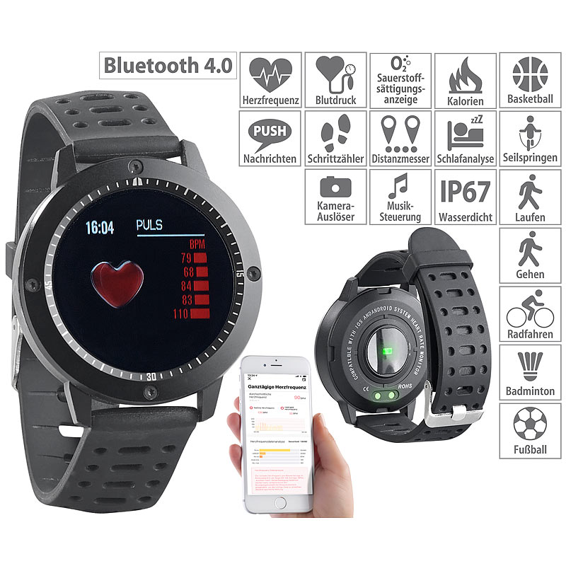 Fitness-Uhr, Touch-Farbdisplay, Blutdruck- & Herzfrequenzanzeige, IP67