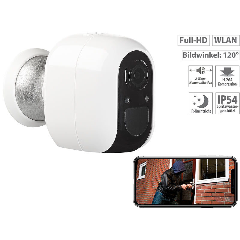 IP-Überwachungskamera, Full HD, WLAN & App, Batterie-Betrieb, IP54