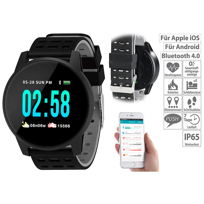 Fitness-Uhr mit Herzfrequenz- und Nachrichten-Anzeige, Bluetooth, IP65