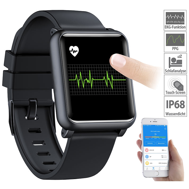 Fitness-Uhr mit EKG- & Blutdruckanzeige, Bluetooth, Touchdisplay, IP68