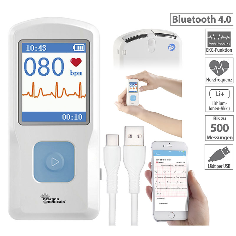 Mobiles EKG-Messgerät mit Bluetooth, App & PC-Software
