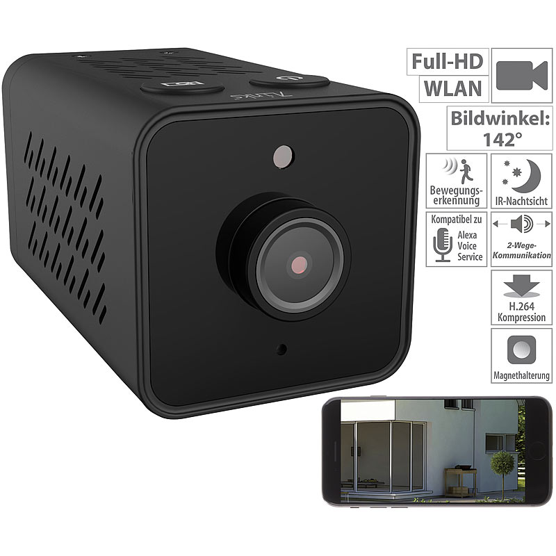 Mini-IP-Überwachungskamera Full HD, WLAN, Nachtsicht, 8 Std. Akku, App