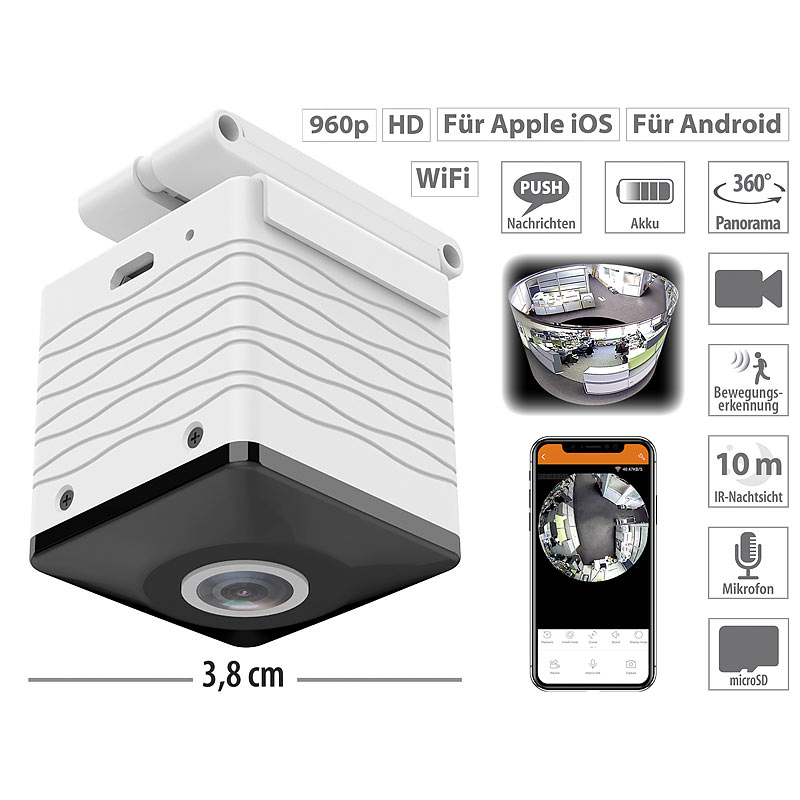 Mini-Akku-HD-Überwachungskamera mit 360°, 960p, Nachtsicht, WLAN, App