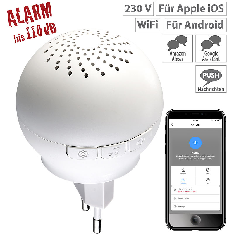 Smarter 2in1 WLAN-Steckdosen-Alarm/-Klingel mit Funk-Gateway 433 MHz