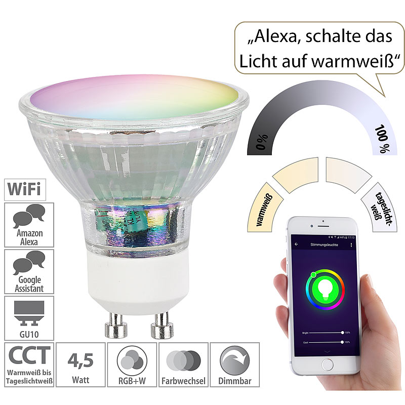 WLAN-LED-Glas-Spot GU10 für Siri, Alexa, Google Assistant, RGB, CCT