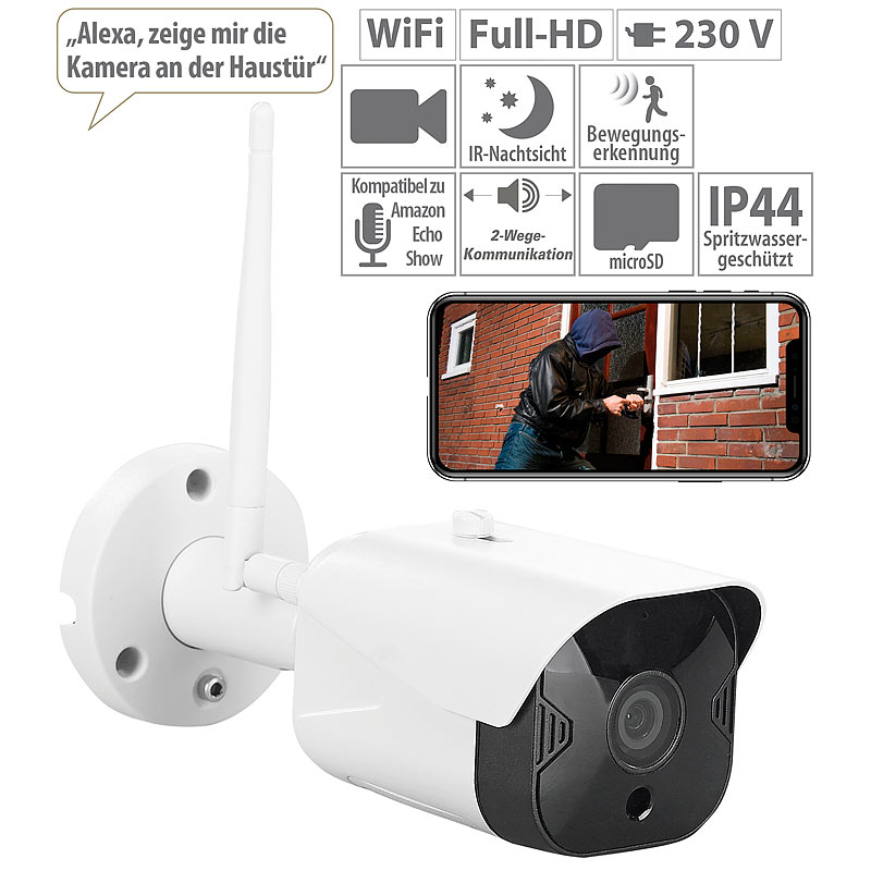 Outdoor-WLAN-IP-Überwachungskamera mit Full HD, Nachtsicht, App, IP44