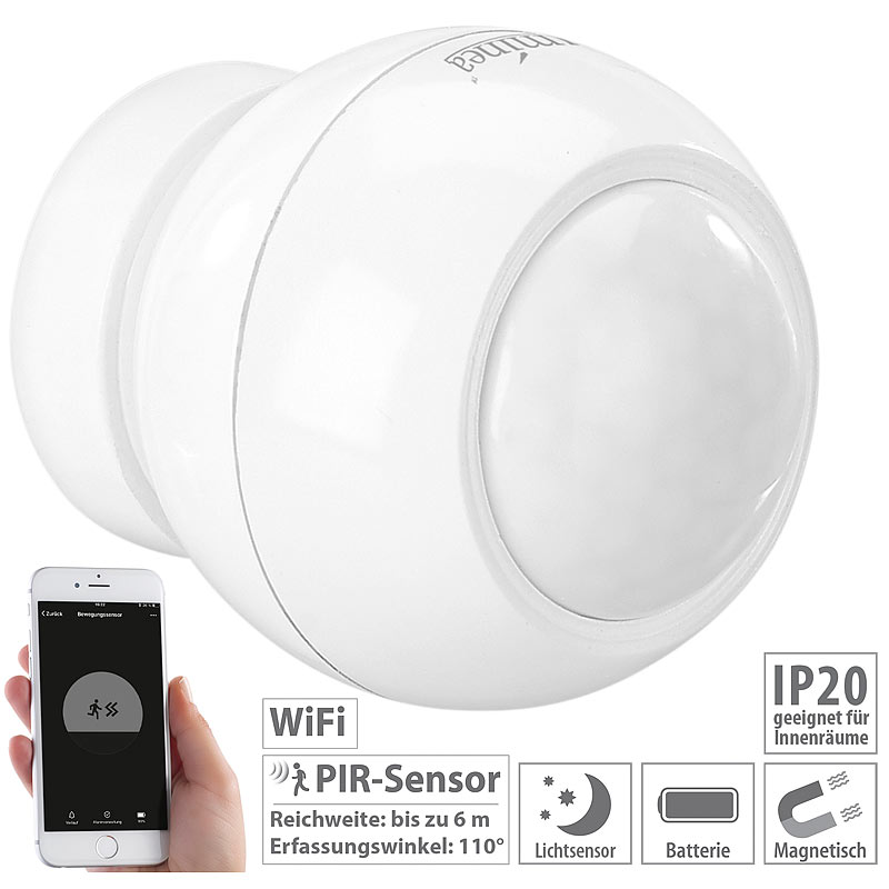 WLAN-PIR-Bewegungsmelder und Lichtsensor mit App für Benachrichtigung