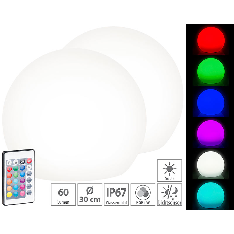 2er-Set Solar-LED-Leuchtkugel mit Fernbedienung, 60 Lumen,IP67, Ø30 cm