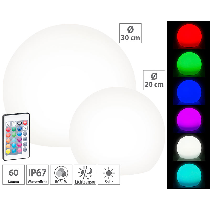 2er-Set Solar-LED-Leuchtkugeln mit Fernbedienung, Ø 20 cm + Ø 30 cm