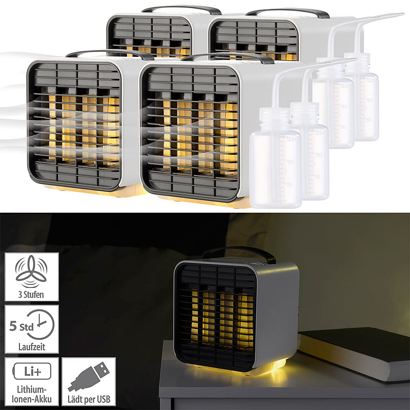 4er-Set Mini-Akku-Luftkühler, 3-stufig, Nachtlicht, 5 Std. Laufzeit