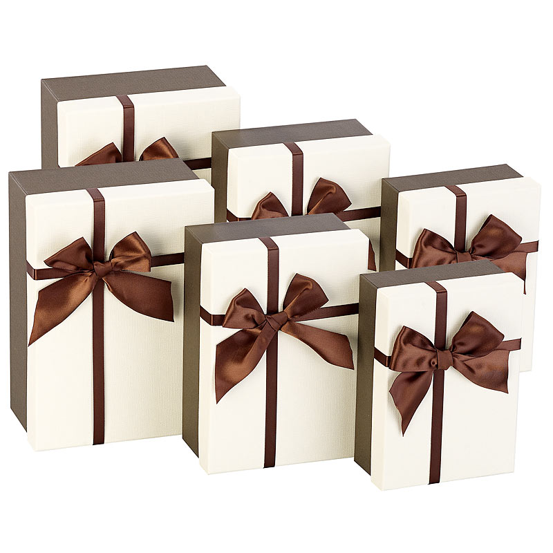 6er-Set edle Geschenk-Boxen mit brauner Schleife, 3 Größen