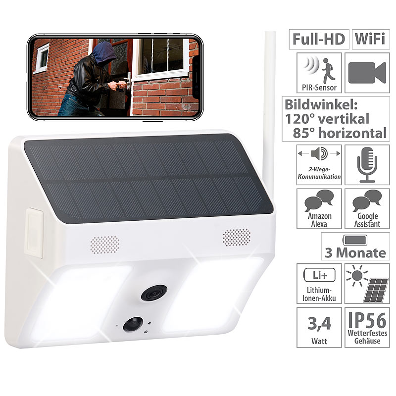 Kabellose WLAN-IP-Kamera mit Flutlicht, Full HD, Solarpanel, App, weiß