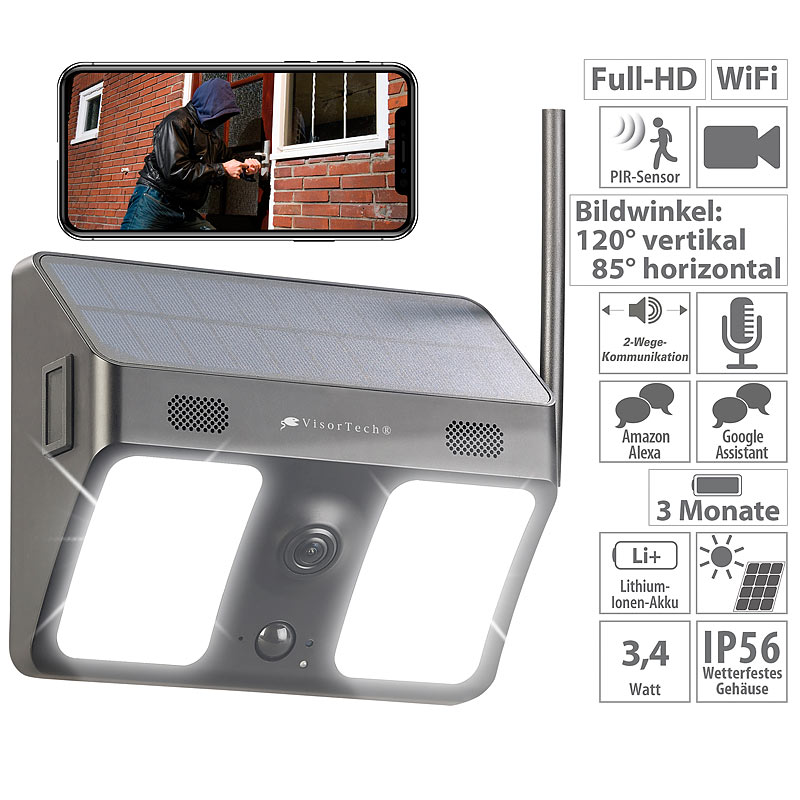 Kabellose WLAN-IP-Kamera, Flutlicht, Full HD, Solarpanel, App, schwarz