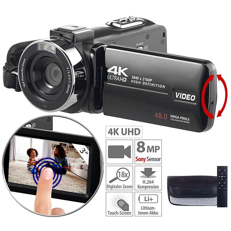 4K-UHD-Camcorder mit Sony-Sensor, Touch-Display, HD mit 120 B./Sek.