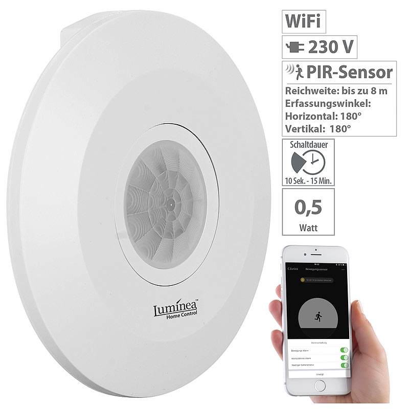 Extra-flacher WLAN-PIR-Bewegungsmelder mit App, 360°, 230 Volt