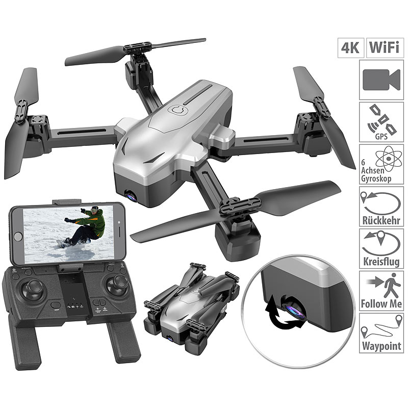 Faltbarer GPS-Quadrocopter mit 4K-Kamera, WLAN, Follow-Me, Gyroskop