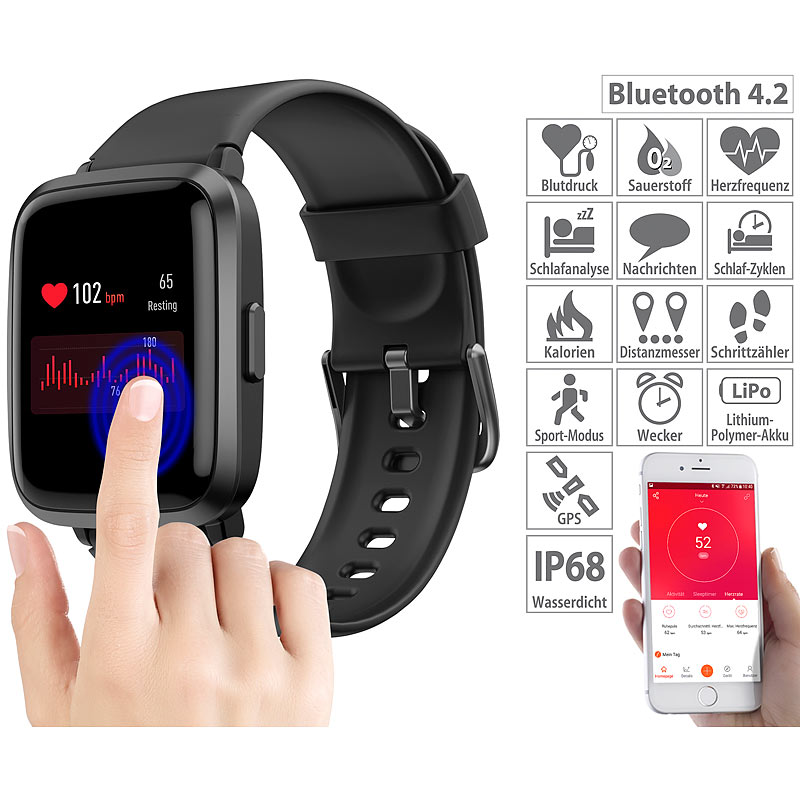 Fitness-Armband mit Glas-Touchscreen-Display, SpO2-Anzeige, App, IP68