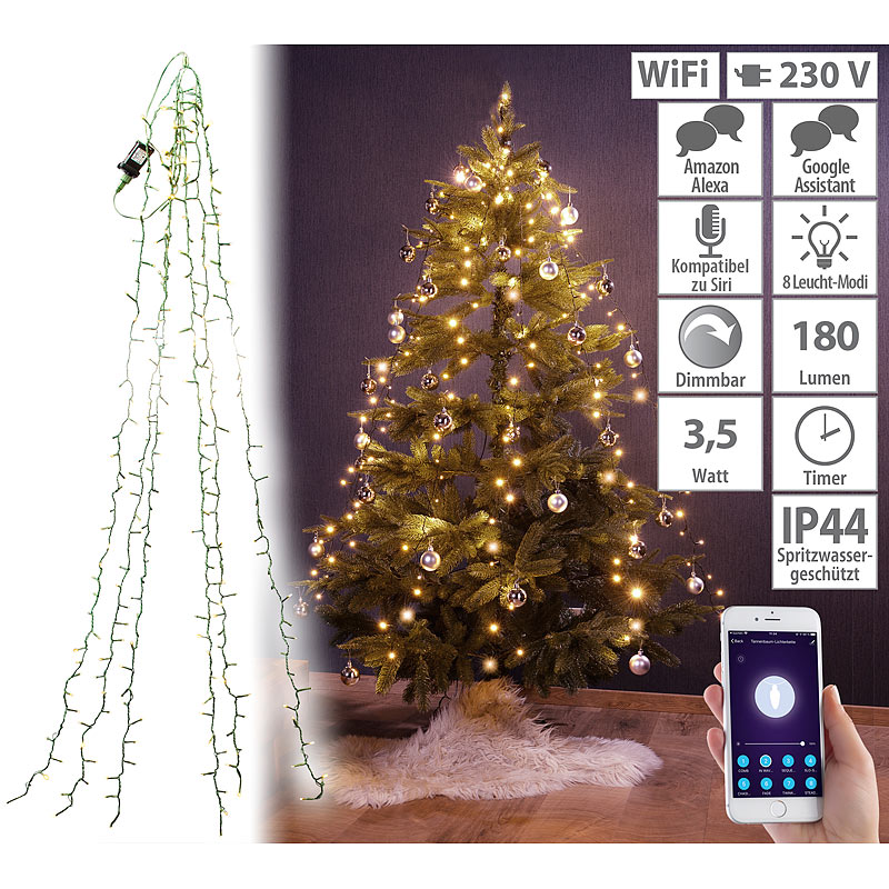 WLAN-Tannenbaum-Überwurf-Lichterkette mit App, 6 Girlanden, 180 LEDs