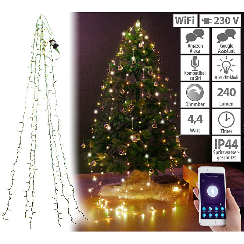 WLAN-Tannenbaum-Überwurf-Lichterkette mit App, 6 Girlanden, 240 LEDs