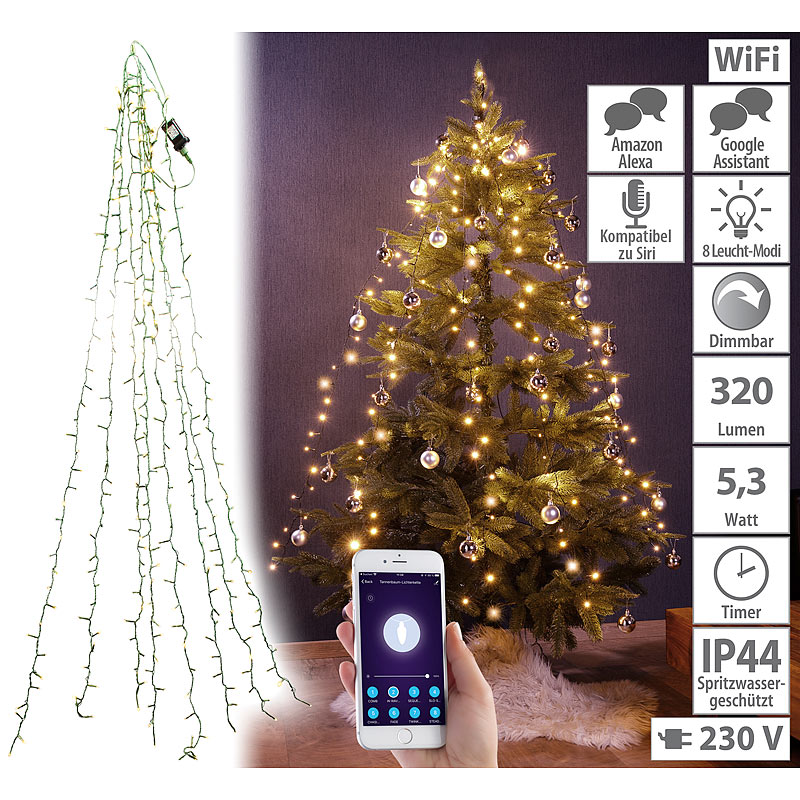 WLAN-Tannenbaum-Überwurf-Lichterkette mit App, 8 Girlanden, 320 LEDs