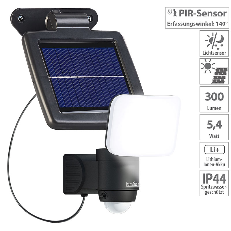 Solar-LED-Wandfluter für außen, PIR-Sensor, 5,4 Watt, 300 Lumen, IP44