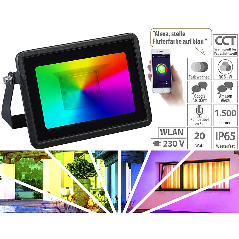 WLAN-RGB-CCT-Fluter, App, Sprachsteuerung, 1.500 lm, 20 W, IP65