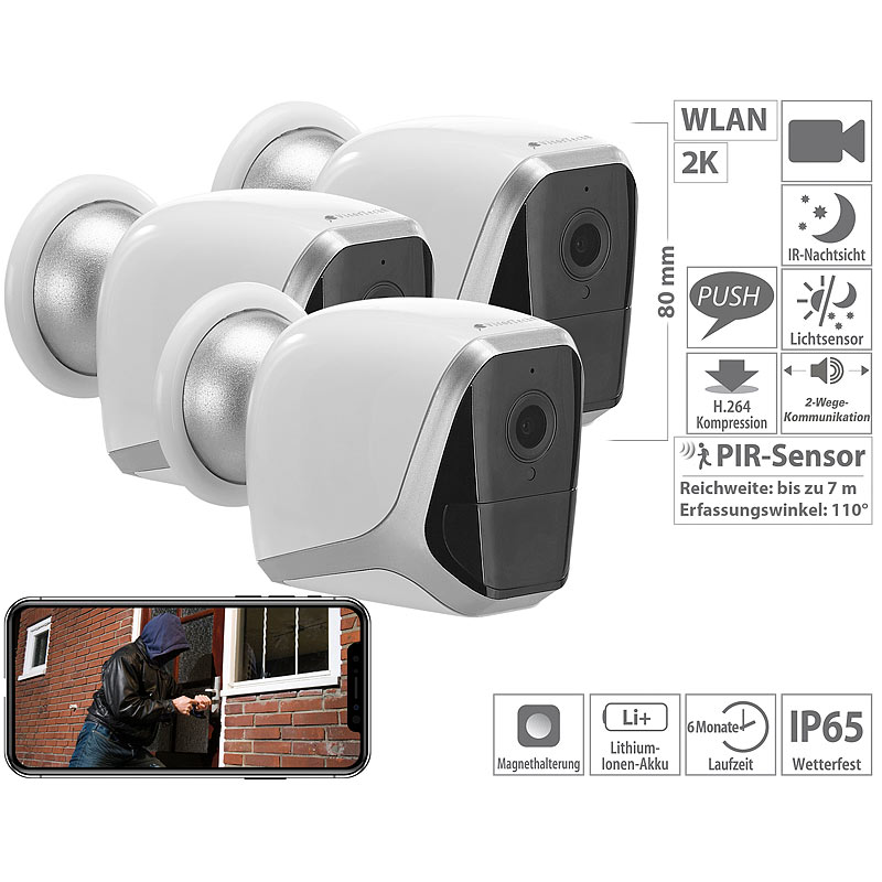 3er-Set 2K-WLAN-IP-Kamera mit Akku, App, 1 Jahr Stand-by, 3 MP, IP65