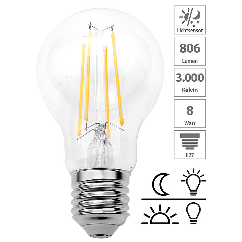 LED-Filament-Lampe mit Dämmerungssensor, E27, 8 W, 806 lm, warmweiß