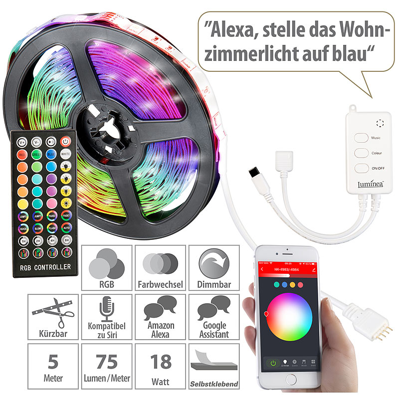 WLAN-RGB-LED-Streifen mit Sound-Steuerung, App, Sprachsteuerung, 5 m