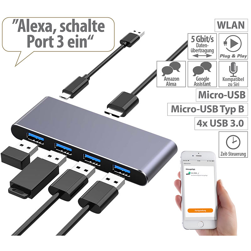 WLAN-USB-3.0-Hub mit 4 einzeln schaltbaren Ports, App, Sprachsteuerung