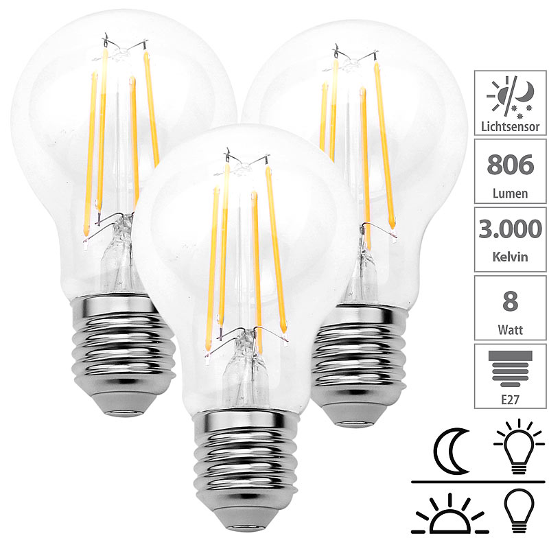 3er-Set LED-Filament-Lampen mit Dämmerungssensor, E27, 8 W, 806 lm